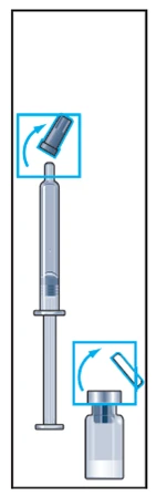Illustration of a vertical syringe next to a glass vial with blue arrows indicating the movement for removing the stopper and cap