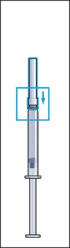 Technical diagram of a vertical syringe with a blue arrow pointing downward indicating the plunger pressing motion