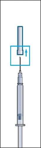Syringe with needle and transparent cylinder with a blue arrow pointing toward the