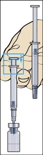 Illustration of a syringe being pushed downward to draw liquid from a transparent glass vial