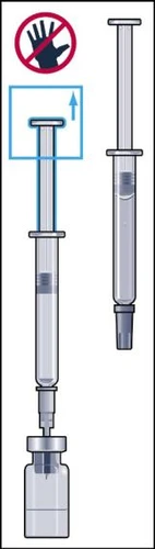 Syringe drawing liquid from a vial with a prohibition symbol above the plunger being pulled upward