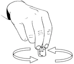 A hand holds a small cylindrical vial and rotates it following the motion indicated by two opposing curved arrows