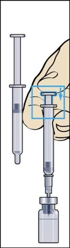 Medical diagram showing a syringe with a needle inserted into a glass vial for drug withdrawal, with a blue highlighting box