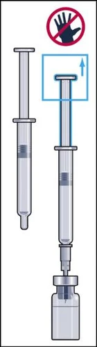 Medical schematic showing a syringe with plunger depressed and another syringe with plunger raised under a prohibition symbol with an open hand