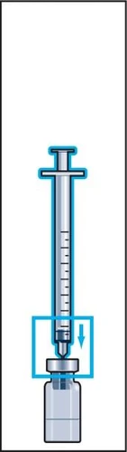 Illustration of a syringe with a needle being inserted into a glass vial with a blue arrow pointing downward