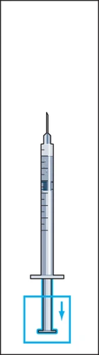 Medical syringe with needle at the tip and graduated scale on the body, with a blue arrow pointing downward indicating pressure on the plunger
