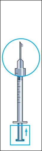 Vertical illustration of a syringe with a needle pointing toward the