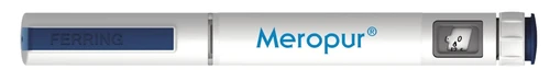 White and blue auto-injector pen with the word 'Meropur' in blue and the Ferring logo on a dark blue section on the left