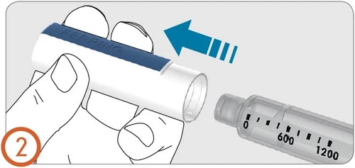 A hand holds a white and blue cylindrical container being inserted into a transparent graduated syringe with numbers up to 1200