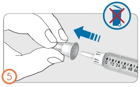 A hand removes the protective cap from the needle of a graduated syringe with a blue arrow indicating the movement toward the