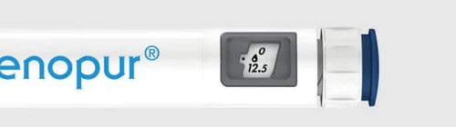 Lateral detail of a white medical device with the blue text 'enopur' and a small digital display showing the number 12.5