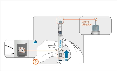 Medical diagram showing hands holding an injection pen with details of a liquid droplet and a