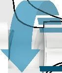 Large blue arrow pointing downward over white graphic elements and thin black lines on a light background
