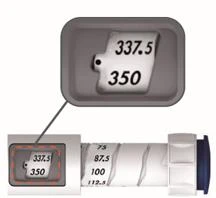 Enlarged detail of a syringe with a graduated scale showing the numbers 337.5 and 350 to indicate the precise drug dosage