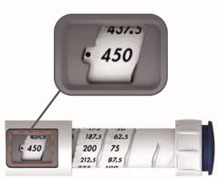 Detail of a medical dosing device with a graduated scale showing the numbers 437.5, 450, 187.5, 200, 212.5, and other numerical values on a white background