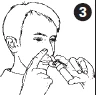 Line drawing of a man holding an inhaler with both hands near the mouth and nose with the number 3 in a black circle