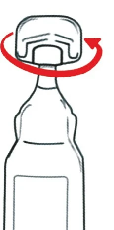Dibujo esquemático de un frasco con una flecha roja curva que indica el movimiento de giro del tapón hacia la derecha