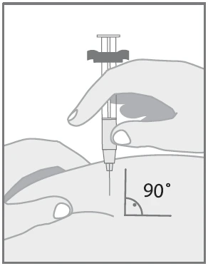 A hand holds a syringe vertically to inject the medication into the body at a 90-degree angle to the skin