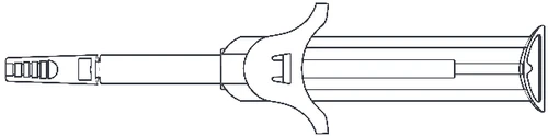Dibujo técnico en blanco y negro de una jeringa o dispositivo médico con cuerpo cilíndrico, empuñadura central y punta con pequeños relieves
