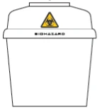 Contenedor blanco para residuos con tapa y símbolo de riesgo biológico amarillo sobre fondo triangular con la leyenda BIOHAZARD