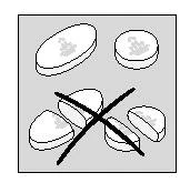 Schematic drawing of three whole tablets and four tablets split in half with a large black cross over the divided parts