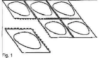 Esquema técnico en blanco y negro que muestra varias secciones rectangulares con bordes dentados y formas ovales en el interior
