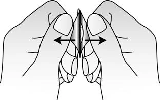 Two hands grasping a central pointed object with black arrows indicating lateral spreading motion towards the