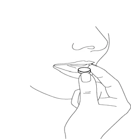 Black line drawing of a hand holding a tablet near the open lips of a person ready to take the medication