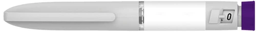 Autoinyector médico blanco y gris con una pantalla digital que muestra el número cero y una tapa violeta en el