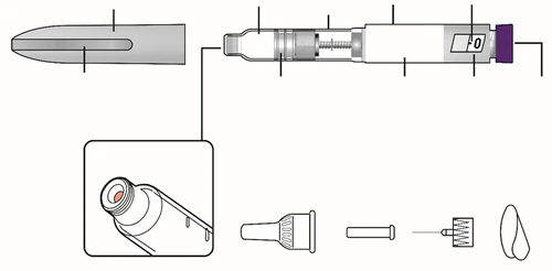 Diagrama técnico de una pluma inyectora con componentes separados, incluyendo el cuerpo principal, la