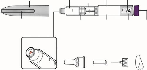 Diagrama técnico de una pluma inyectora con componentes separados, incluyendo el cuerpo con pantalla digital, la