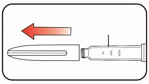 Diagrama que muestra una flecha roja dirigida hacia la izquierda que indica el movimiento de retirada de una tapa protectora de un frasco de vidrio