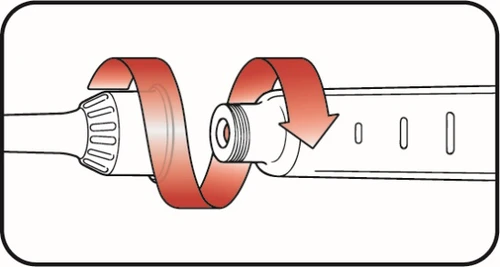 Diagrama técnico que muestra dos componentes de un dispositivo médico que se unen mediante una rotación indicada por una flecha roja en espiral
