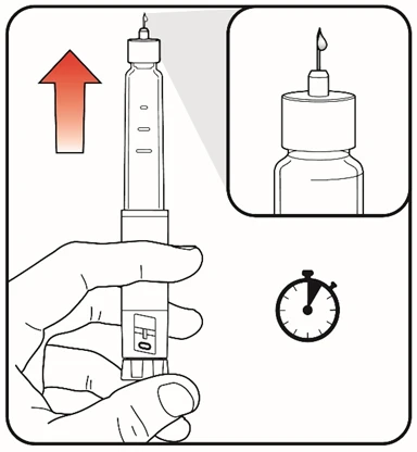 Dibujo técnico de una mano que sostiene una jeringa con flecha roja hacia la