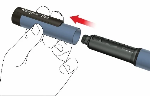 Рука держит верхнюю часть устройства Movymia Pen, красная стрелка указывает на