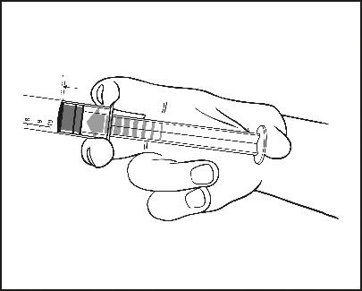 Two hands hold a horizontal syringe with the plunger partially inserted and measurement markings visible on the transparent cylinder