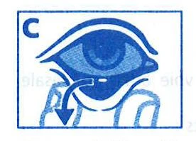 Símbolo azul de un ojo con una flecha curva que apunta hacia abajo, indicando la