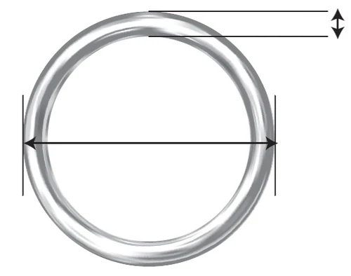 Diagrama técnico de un anillo metálico con flechas que indican el espesor de la circunferencia y el diámetro interno y externo