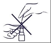 Line drawing showing two hands attempting to insert a needle into a vial with a large cross over it indicating incorrect use