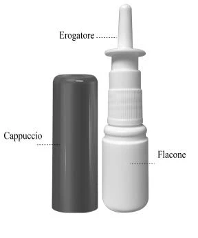 Diagram of a white vial with a pointed dispenser and a dark gray cap shown separated and indicated by dashed lines with text labels