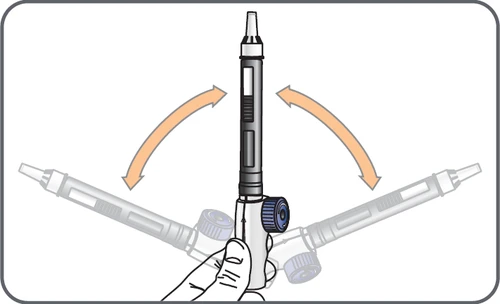 Diagrama que muestra el movimiento rotatorio de un autoinyector sostenido por una mano para indicar la rotación del dispositivo durante la