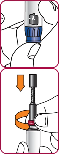 Dibujo técnico que muestra una mano que sostiene una pluma inyectora y una flecha naranja que indica el movimiento de rotación de la base