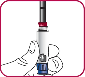Una mano sostiene verticalmente un dispositivo médico en forma de pluma con cuerpo blanco, parte superior negra y base azul con un interruptor gris