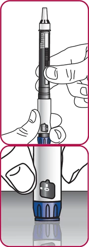 Dibujo técnico que muestra dos manos que sostienen una pluma inyectora médica blanca y negra con indicador de dosis y base azul
