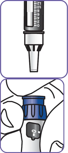 Dibujo técnico de una jeringa con escala graduada de 0 a 12 y detalle de una mano que sostiene la parte superior azul del dispositivo médico
