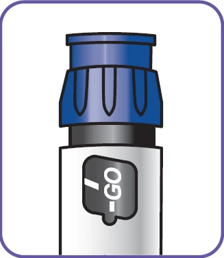 Ilustración de un dispositivo médico con tapa azul ranurada y cuerpo blanco con un