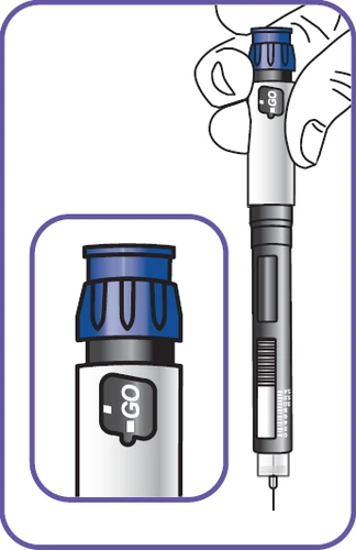 Un dibujo muestra una mano que sostiene una pluma inyectora médica con indicador GO y un acercamiento de la parte superior azul y negra