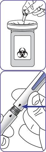 Una mano inserta una tapa en un frasco con símbolo de riesgo biológico y una flecha azul indica un punto en el dispositivo médico