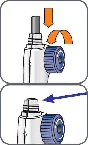 Diagrama médico con dos ilustraciones que muestran flechas naranjas que empujan hacia abajo y giran, y una flecha lateral azul sobre un dispositivo