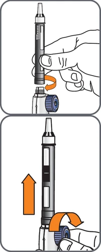 Dibujo técnico que muestra una mano que enrosca la parte superior de una pluma inyectora y una flecha naranja que indica el movimiento hacia el